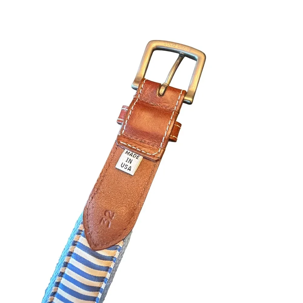 JT Spencer Belt Blue Nautical Pennant Flag Leather Canvas Made in USA Size 32